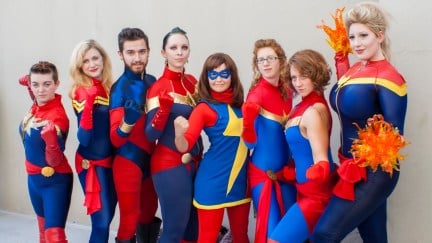 group of Captain Marvel and Ms. Marvel cosplayers