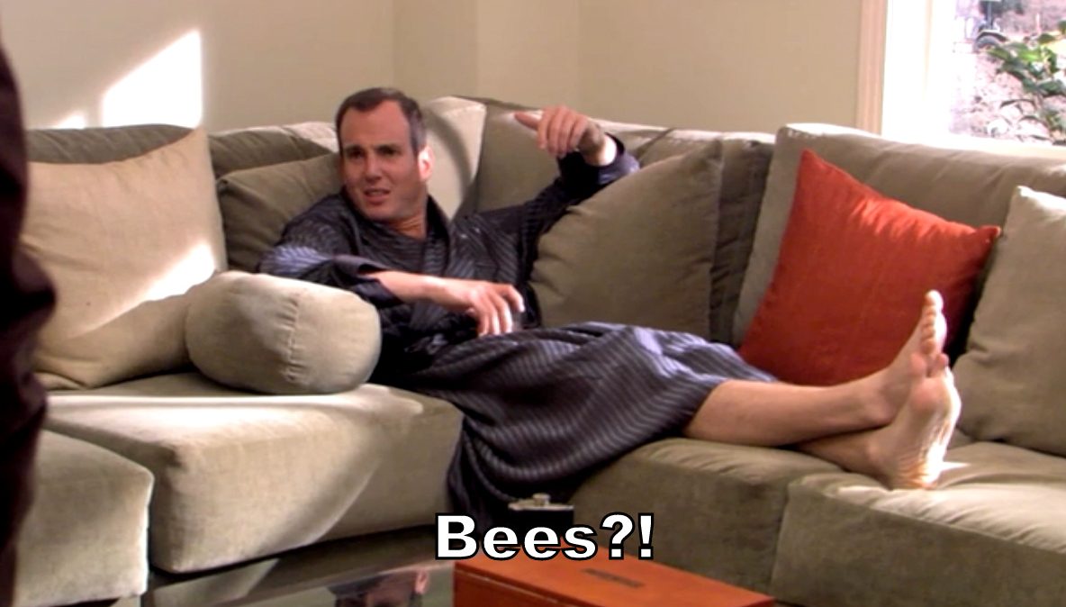 In a scene from Arrested Development, Gob relaxes on a couch and says "Bees?"