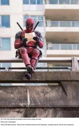 DEADPOOL Ryan Reynolds as Deadpool relaxes before leaping into battle. Photo Credit: David Dolsen TM & © 2015 Marvel & Subs.  TM and © 2015 Twentieth Century Fox Film Corporation.  All rights reserved.  Not for sale or duplication.