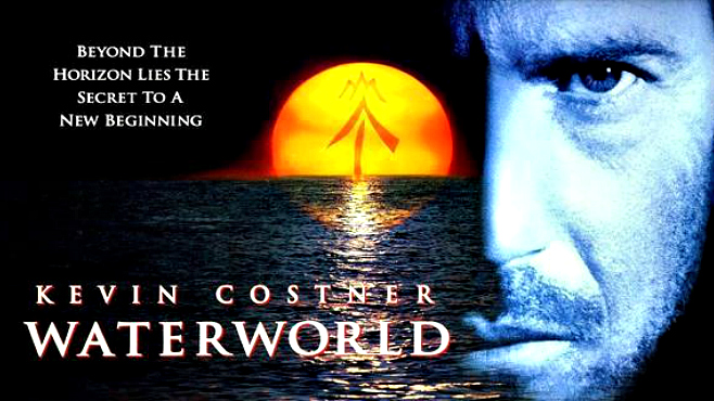 Poster of Waterworld showing Kevin Coster's face behind the title.
