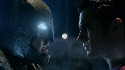 Batman and Superman face each other in Batman v Superman.