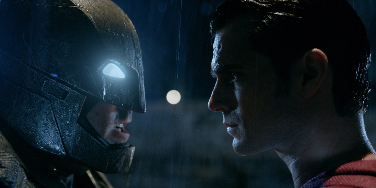 Batman and Superman face each other in Batman v Superman.