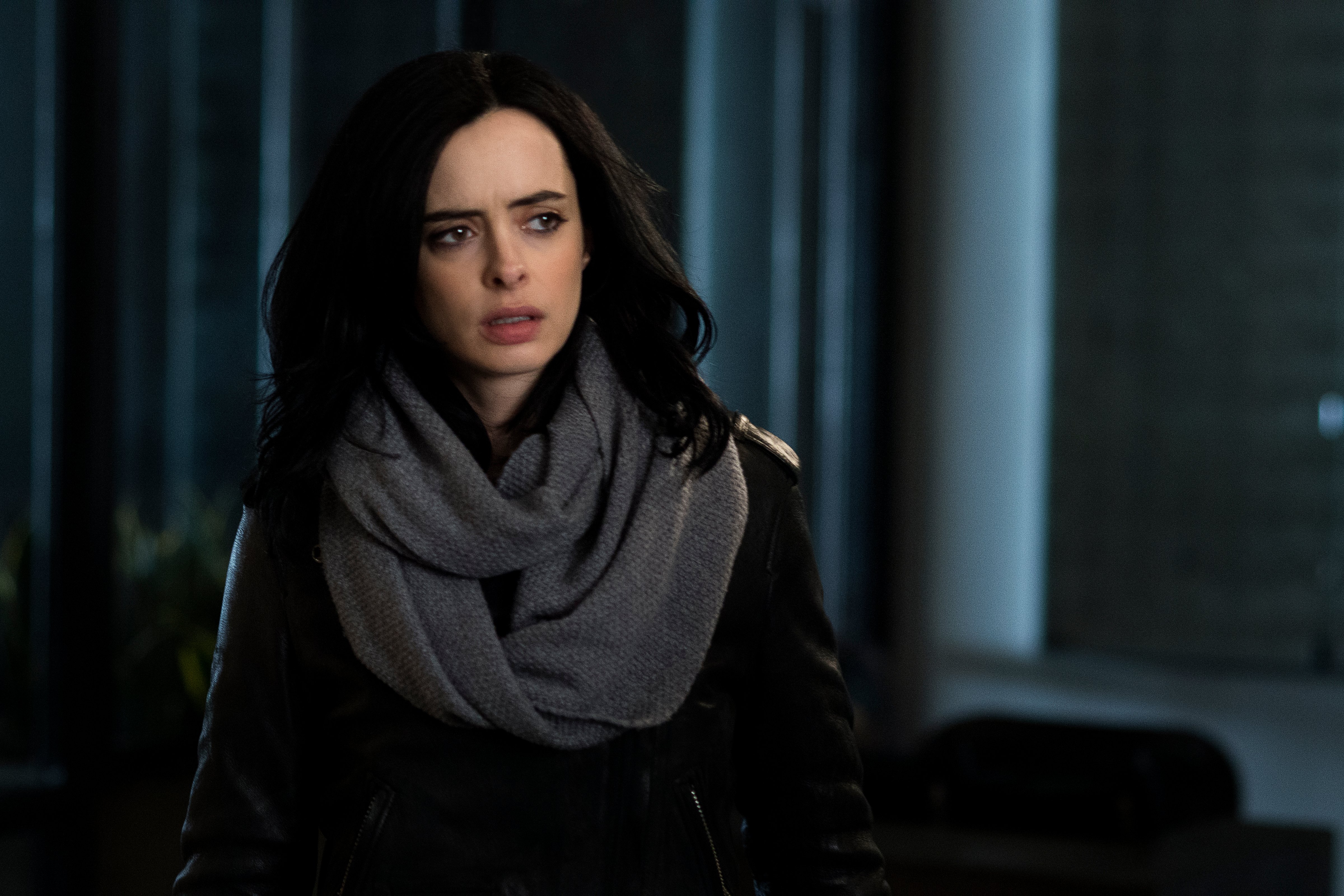 Jessica Jones in her signature grey scarf