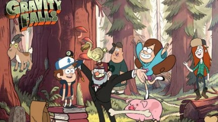 The cast of Gravity Falls poses in the woods.