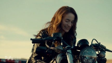 Wynonna Earp on a motorcycle