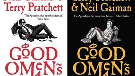 Covers of Good Omens, one with an illustration of Crowley, and the other with Aziraphale.