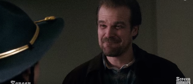 Hopper grimacing in Stranger Things