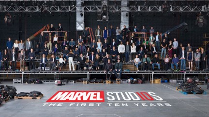 Marvel Studios “The First Ten Years” Class Photo Front Row L to R: Sean Gunn (Kraglin), Hannah John-Kamen (Ghost), Director Scott Derrickson, Executive Producer Trinh Tran, Jeremy Renner (Hawkeye), Paul Rudd (Ant-Man), EVP, Physical Production Victoria Alonso, Zoe Saldana (Gamora), Angela Bassett (Ramonda), Director/Actor Jon Favreau (Happy Hogan), Chris Hemsworth (Thor), Gwyneth Paltrow (Pepper Potts), Chris Evans (Captain America), Robert Downey Jr. (Iron Man), Executive Producer/Writer Stan Lee, President of Marvel Studios Kevin Feige, Scarlett Johansson (Black Widow), Co-President of Marvel Studios Louis D’Esposito, Kurt Russell (Ego), Danai Gurira (Okoye), William Hurt (Thaddeus Ross), Director Alan Taylor, Karen Gillan (Nebula), Executive Producer Brad Winderbaum, Emily VanCamp (Sharon Carter), Director Louis Letterier Second Row L to R: Director Jon Watts, Casting Director Sarah Finn, Tessa Thompson (Valkyrie), VP, Physical Production David Grant, Don Cheadle (War Machine), Tom Holland (Spider-Man), Director James Gunn, Dave Bautista (Drax), Michael Peña (Luis), Anthony Mackie (Falcon), Evangeline Lilly (Wasp), Director Joe Russo, Director Anthony Russo, Chris Pratt (Star-Lord), Chadwick Boseman (Black Panther), Benedict Cumberbatch (Doctor Strange), Elizabeth Olsen (Scarlet Witch), Director Joss Whedon, Paul Bettany (Vision), VP, Physical Production Mitchell Bell, Frank Grillo (Crossbones), Director Anna Boden, Director Ryan Fleck, Letitia Wright (Shuri), Editor Jeffrey Ford Third Row L to R: Director Peyton Reed, Laurence Fishburne (Dr. Bill Foster), Linda Cardellini (Laura Barton), Executive Producer Jonathan Schwartz, Sebastian Stan (Winter Soldier), Ty Simpkins (Harley Keener), Mark Ruffalo (Hulk), Brie Larson (Captain Marvel), Michael Douglas (Hank Pym), Executive Producer Stephen Broussard, Director Ryan Coogler, Michelle Pfeiffer (Janet van Dyne), Executive Producer Jeremy Latcham, Hayley Atwell (Peggy Carter), Pom Klementieff (Mantis), Executive Producer Nate Moore, Benedict Wong (Wong) Fourth Row L to R: Screenwriter Christopher Markus, Screenwriter Stephen McFeely, Michael Rooker (Yondu), Vin Diesel (Groot), Cobie Smulders (Maria Hill), Samuel L. Jackson (Nick Fury), Director Taika Waititi, Jeff Goldblum (Grandmaster), Executive Producer Erik Carroll, Head of Visual Development Ryan Meinerding, Executive Producer/Screenwriter Craig Kyle Photo Credit: Marco Grob ©Marvel Studios 2018