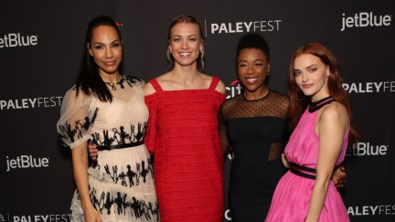 HOLLYWOOD, CA - MARCH 18 (L-R): Amanda Brugel, Yvonne Strahovski, Samira Wiley, and Madeline Brewer arrive at PaleyFest LA 2018 honoring The Handmaid's Tale, presented by The Paley Center for Media, at the DOLBY THEATRE on March 18, 2018 in Hollywood, California.