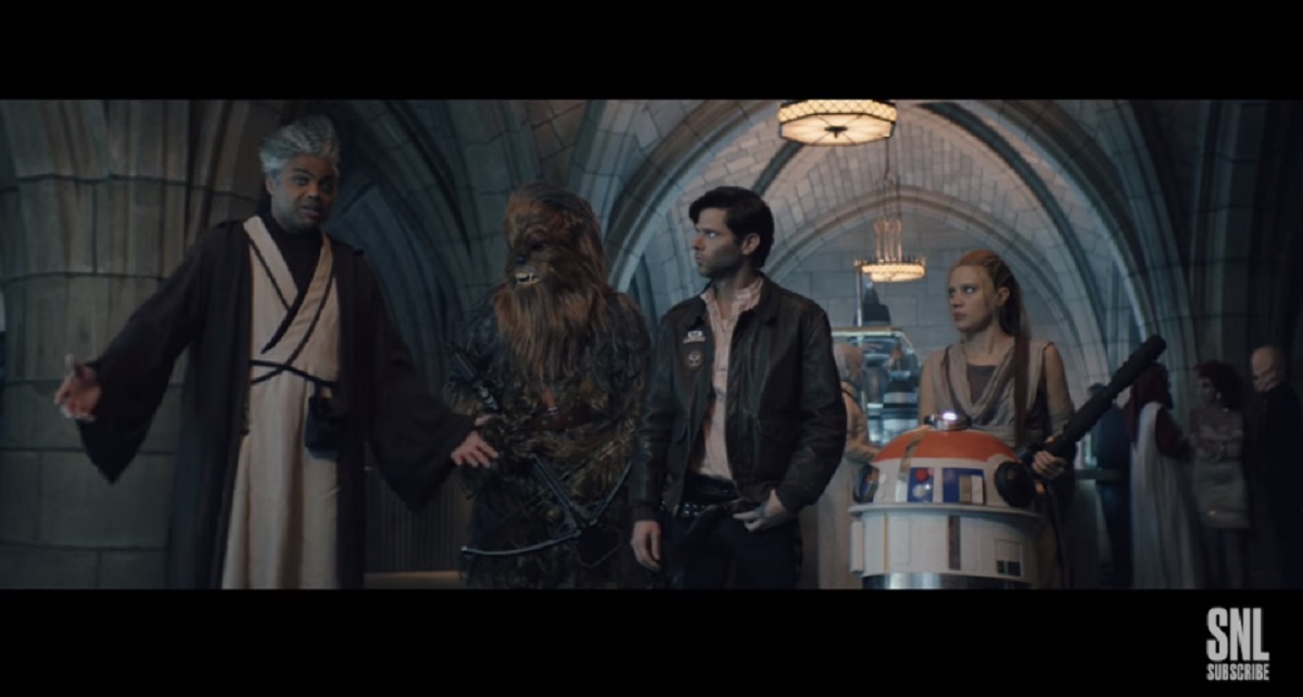 Screengrab of Saturday Night Live skit about language in "Star Wars," with host Charles Barkley