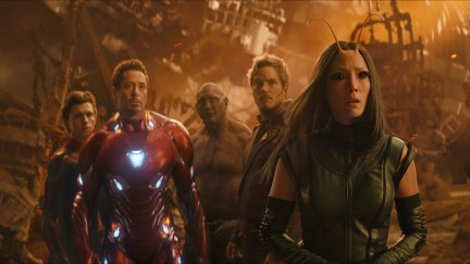 Marvel Studios' AVENGERS: INFINITY WAR..L to R: Spider-Man/Peter Parker (Tom Holland), Iron Man/Tony Stark (Robert Downey Jr.), Drax (Dave Bautista), Star-Lord/Peter Quill (Chris Pratt) and Mantis (Pom Klementieff).