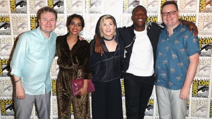 (L-R) Matt Strevens, Mandip Gill, Jodie Whittaker, Tosin Cole, and Chris Chibnall attend BBC America's 