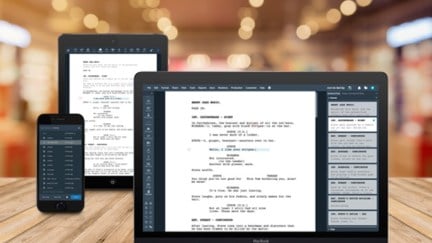 screenplay writing on laptop