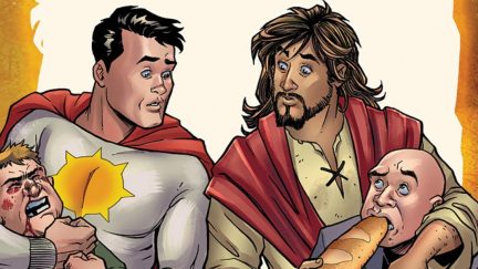 Sun-Man and Jesus on the cover of DC's Second Coming #1 drawn by Amanda Conner.