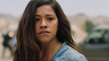 Gina Rodriguez looking scared in Miss Bala.