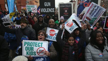 The group Moms Demand Action for Gun Sense In America as well as gun violence victims, youth organizations, healthcare workers, unions, elected officials, faith leaders and artists demonstrated to promote New York Gov. Andrew Cuomo's NY SAFE Act as a national model for federal gun control legislation.