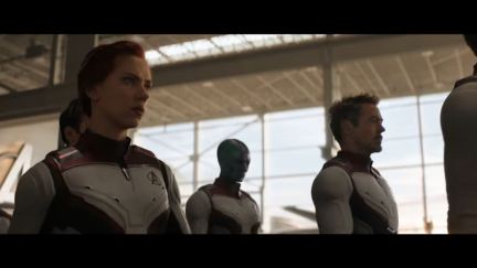 black widow, nebula, and tony stark in nanotech suits for avengers: endgame.