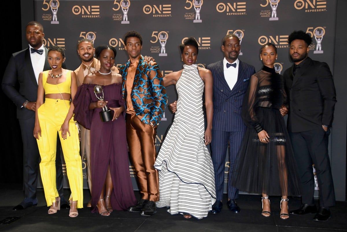 (L-R) Winston Duke, Carrie Bernans, Michael B. Jordan, Lupita Nyong'o, Chadwick Boseman, Danai Gurira, Sterling K. Brown, Letitia Wright, and Ryan Coogler at the naacp image awards.