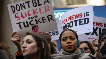 Protesters rally against Fox News outside the Fox News headquarters