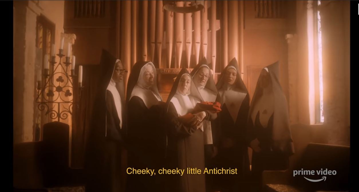 the chattering order of st. beryl sing the praises of the antichrist in this good omens teaser.