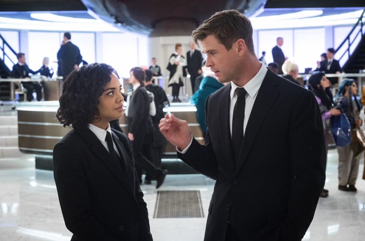 Men in Black International stars Tessa Thompson and Chris Hemsworth.