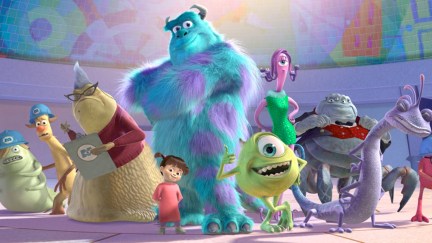 The animated cast of Pixar's classic Monsters Inc. standing together.