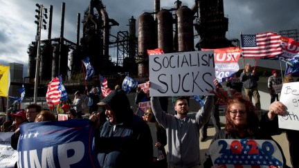 Donald Trump supporters demonstrate outside of a FOX News Town Hall with Democratic presidential candidate, U.S. Sen. Bernie Sanders