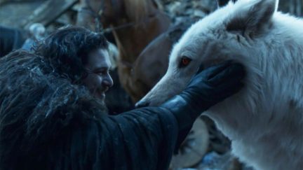 Jon Snow and Ghost on Game of Thrones.