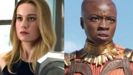 Captain Marvel and Okoye from Marvel movies.