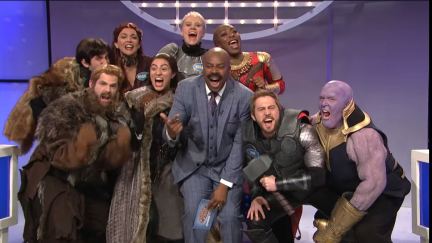 the cast of saturday night live dress up as characters from avengers and game of thrones in a celebrity family feud spoof.