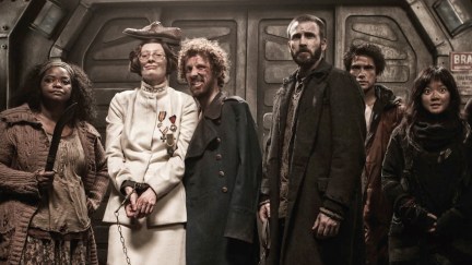 tilda swinton, chris evans, and the cast of snowpiercer.