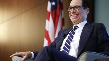 U.S. Treasury Secretary Steven Mnuchin does a weird laugh.