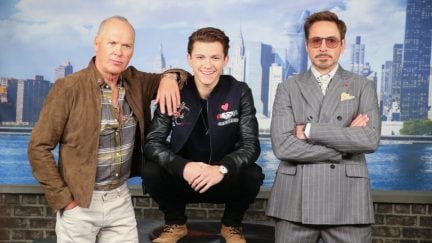 Michael Keaton, Tom Holland, and Robert Downey Jr.