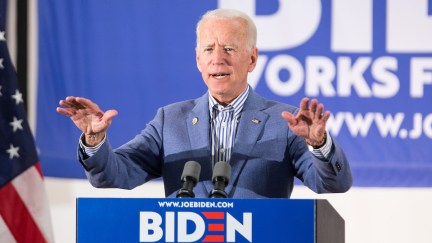 Joe Biden speaks from a podium at a campaign event.