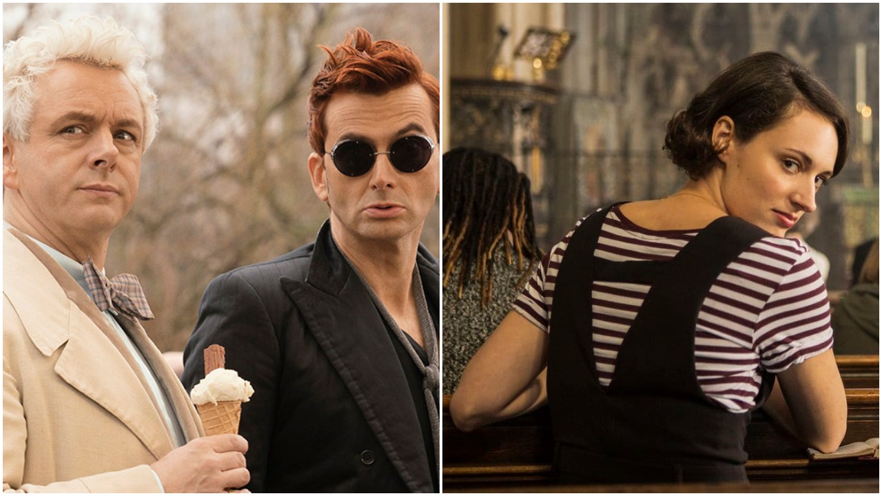 Michael Sheen and David Tennant in Good Omens and Phoebe Waller-Bridge in Fleabag