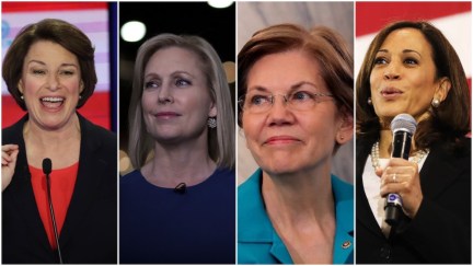 A composite image of Amy Klobuchar, Kirsten Gillibrand, Elizabeth Warren, and Kamala Harris.