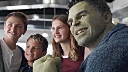 Professor Hulk poses for a picture with kids in Marvel's Avengers: Endgame.