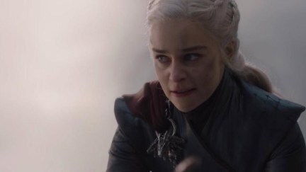 Emilia Clarke as Daenerys Targaryen looking pissed in that scene (you know the one) from the final season of HBO's Game of Thrones.