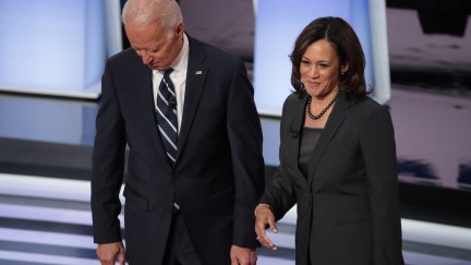 Democratic presidential candidates former Vice President Joe Biden and Sen. Kamala Harris (D-CA) greet each other at the Democratic Presidential Debate