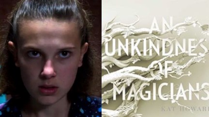 Eleven in Netflix's Stranger Things and An Unkindness of Magicians book cover.