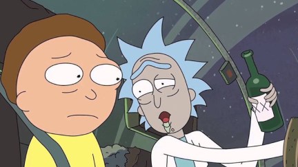 Morty, in the passenger seat of a spacecraft, worriedly watches a drunk Rick pilot it.