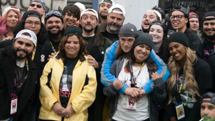 LOS ANGELES, CALIFORNIA - OCTOBER 12: Kevin Smith and Jason Mewes pose with Jay and Silent Bob cosplayers during 2019 Los Angeles Comic Con at Los Angeles Convention Center on October 11, 2019 in Los Angeles, California. (Photo by Angela Papuga/Getty Images)