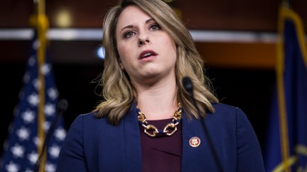 Rep. Katie Hill speaks from a podium.