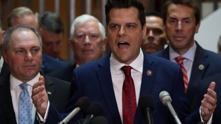 Matt Gaetz holds a stupid press conference surrounded by other white Republicans.