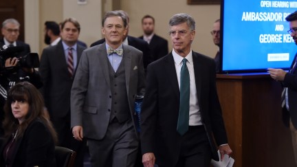 George Kent, the deputy assistant secretary of state for European and Eurasian Affairs and Ukrainian Ambassador Bill Taylor(front), the top diplomat in the US embassy in Ukraine arrive in the impeachment inquiry into US President Donald Trump in Washington, DC