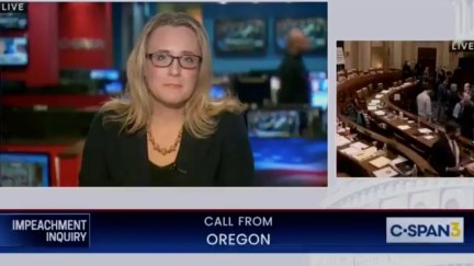 A blonde female C-SPAN host keeps a mostly straight face as an unseen caller rants.