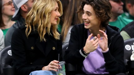 Actress Laura Dern and actor Timothée Chalamet sit courtside during the second half of the game between the Boston Celtics and the Miami Heat at TD Garden on December 04, 2019 in Boston, Massachusetts.