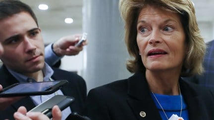 Sen. Lisa Murkowski (R-AK) speaks to reporters as she arrives for the continuation of the Senate impeachment trial of President Donald Trump