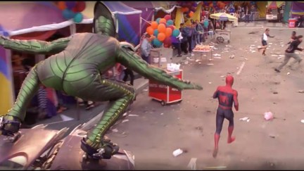 A picture of the Green Goblin chasing Peter Parker with booties on display