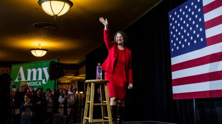 RICHMOND, VA - FEBRUARY 29: Democratic Presidential Candidate Sen. Amy Klobuchar (D-MN) waves as she leaves the stage after speaking during a campaign rally at the Altria Theatre on February 29, 2020 in Richmond, Virginia. Klobuchar continues to seek support for the Democratic nomination leading into the Super Tuesday vote on March 3. (Photo by Zach Gibson/Getty Images)